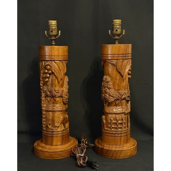 Vintage Sculptural Carved Lamps Pair / Mid-Century / Tribal / Folk Art Vibe - Picture 5 of 13